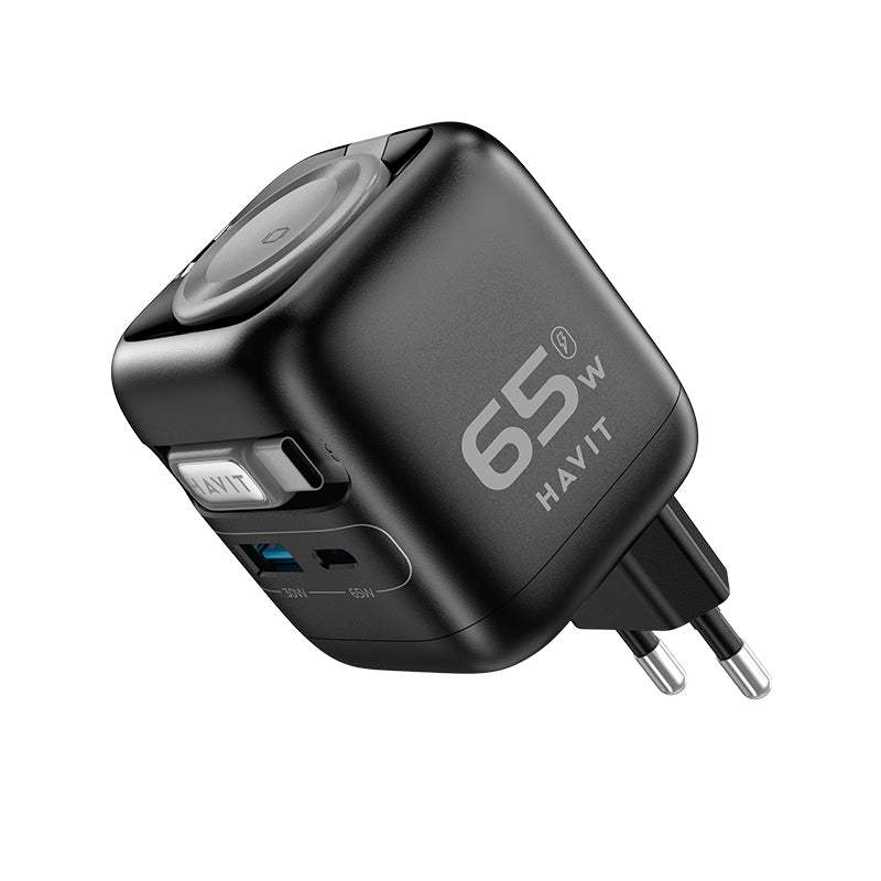 Havit UC252 A-UK Wall Charger with Built-In Cable - 65W / USB-C / USB-A / Black