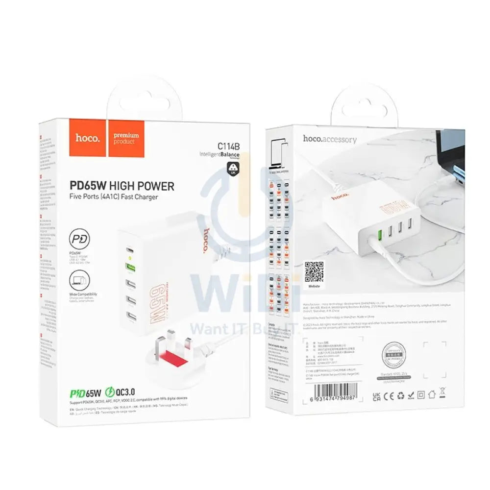 Hoco C114B Vision PD 65W USB-C / Type-C + 4 USB Five Ports Fast Charger Accessories > Power Adapters > Offer Zone