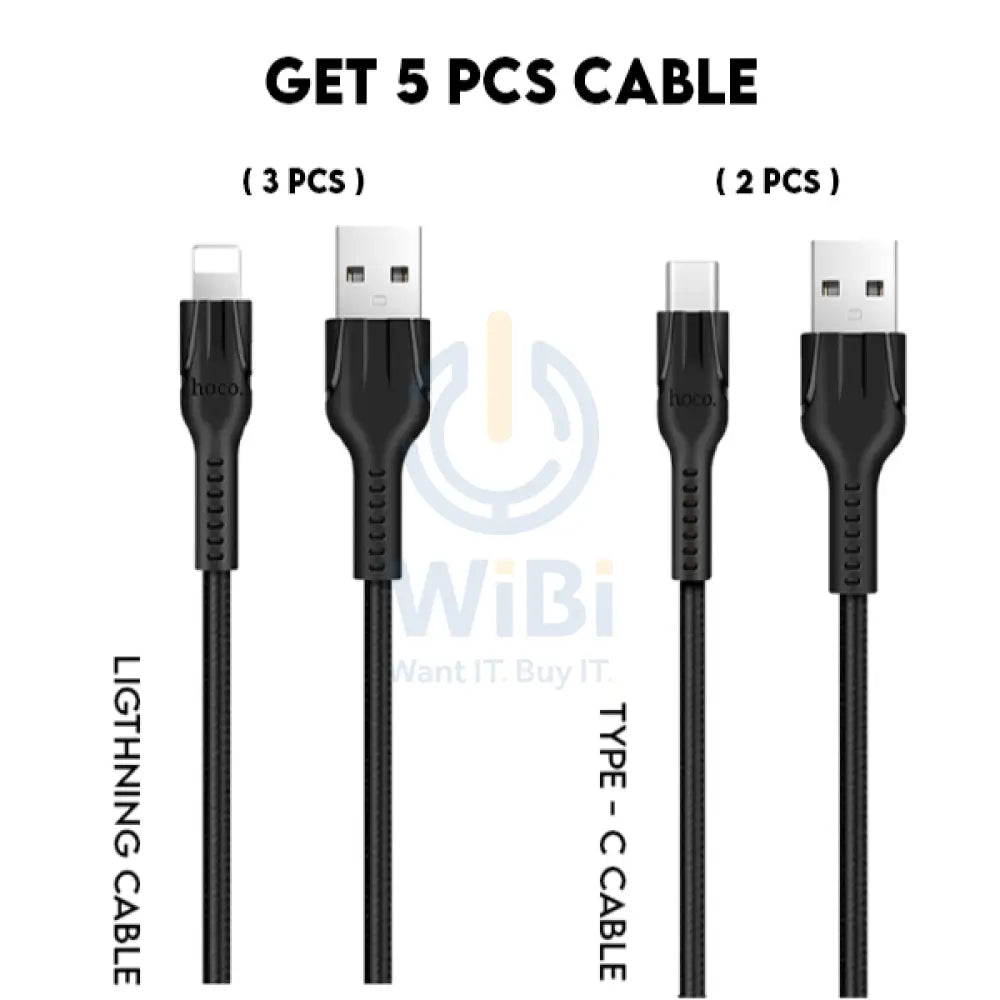 Hoco X20 Flash Charging Data Cable - 2 Meter / Type-C (2 PCs) / Lightning - (3 PCs) / Black / Pack Of 5 Accessories >