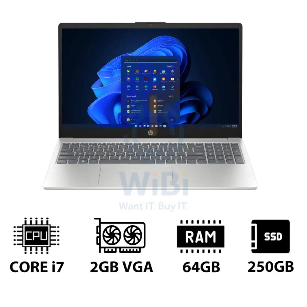 HP 15-FD0142NE - 15.6’’ FHD / i7 / 64GB / 250GB (NVMe M.2 SSD) / MX570 2GB VGA / Win 11 Pro / 1YW / Natural Silver