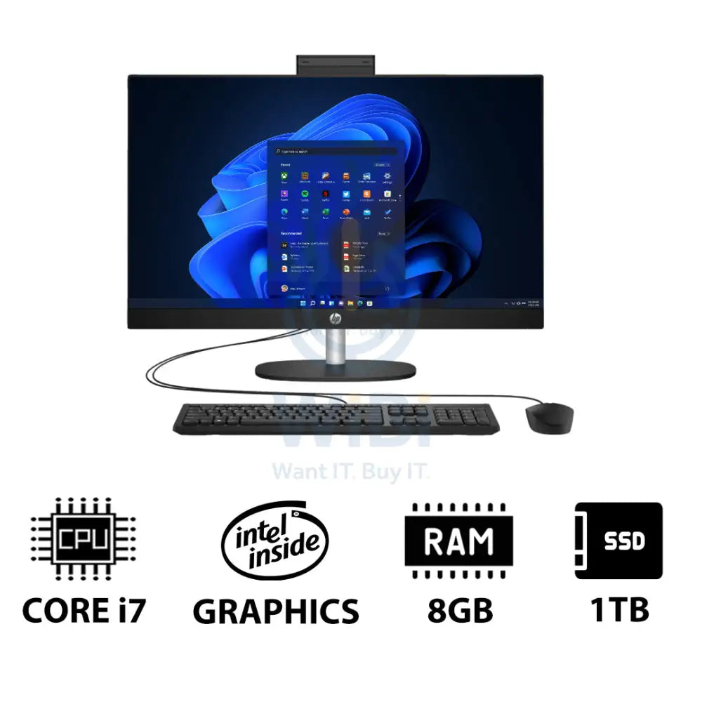 HP 27-CR0011NE AIO PC - i7 / 8GB / 1TB (NVMe M.2 SSD) / 27’’ FHD Touch / Win 11 Pro / 1YW / Jet Black - Desktop Desktop