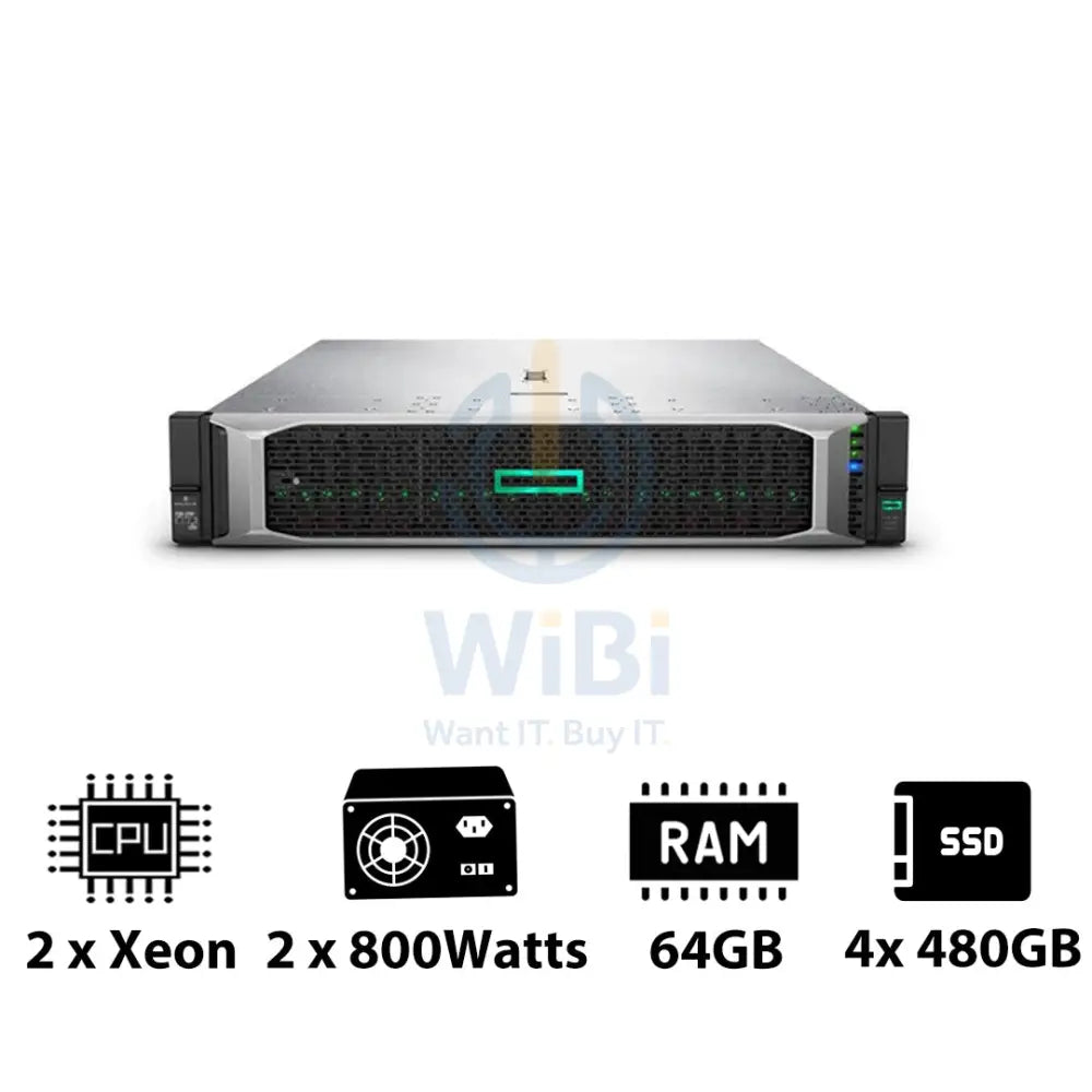 HP ProLiant DL380 G10 - 2x Xeon-2.40GHz / 2x 10-Cores / 64GB / 4x 480GB SSD / 2x 800Watts / Rack(2U) Server &