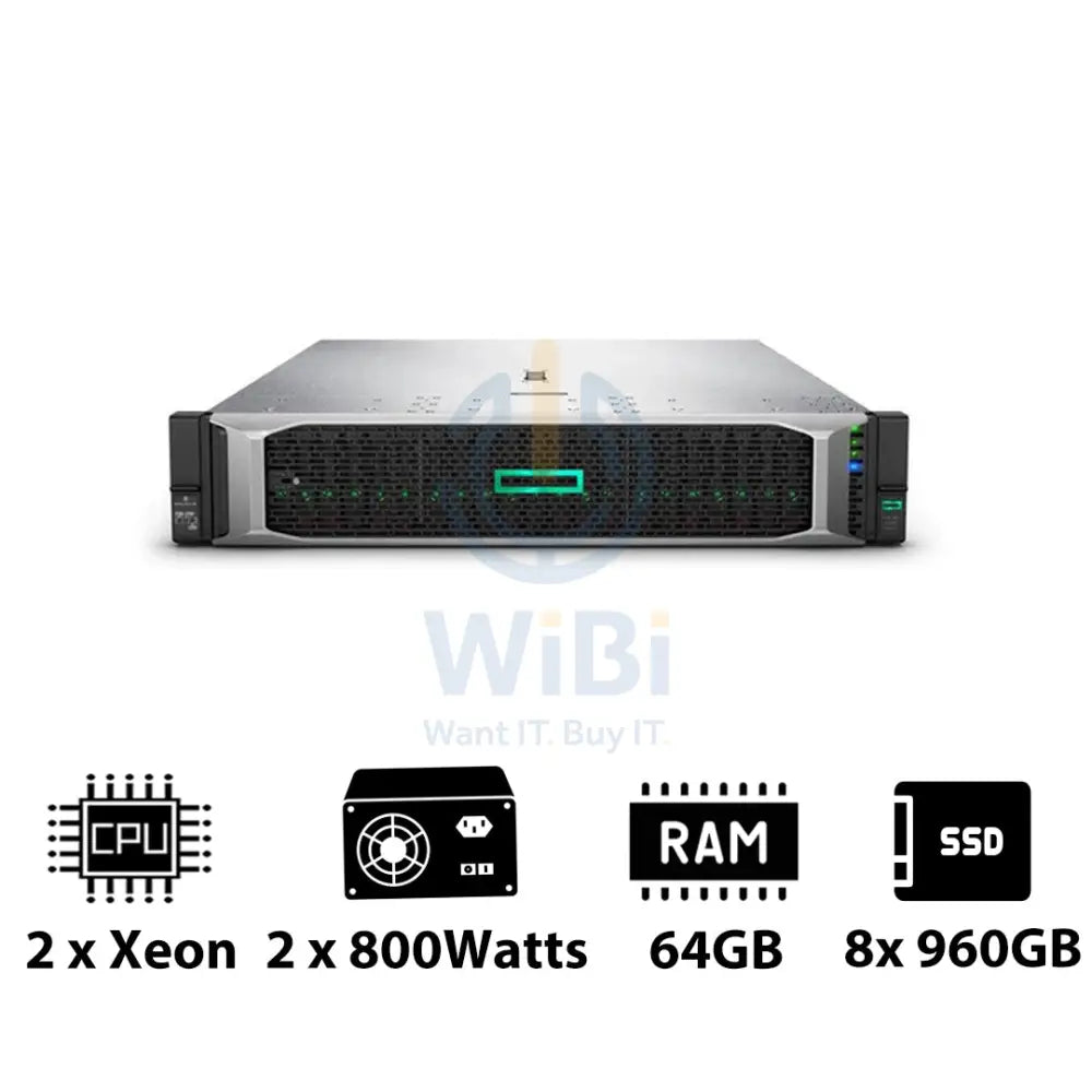 HP ProLiant DL380 G10 - 2x Xeon-2.40GHz / 2x 10-Cores / 64GB / 8x 960GB SSD / 2x 800Watts / Rack(2U) Server &