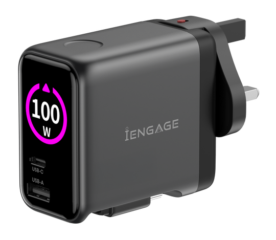 iEngage 100W AI PD Charger( USB-C+USB-C Cable+ USB- A) W/Interchangeable UK/EU Plug