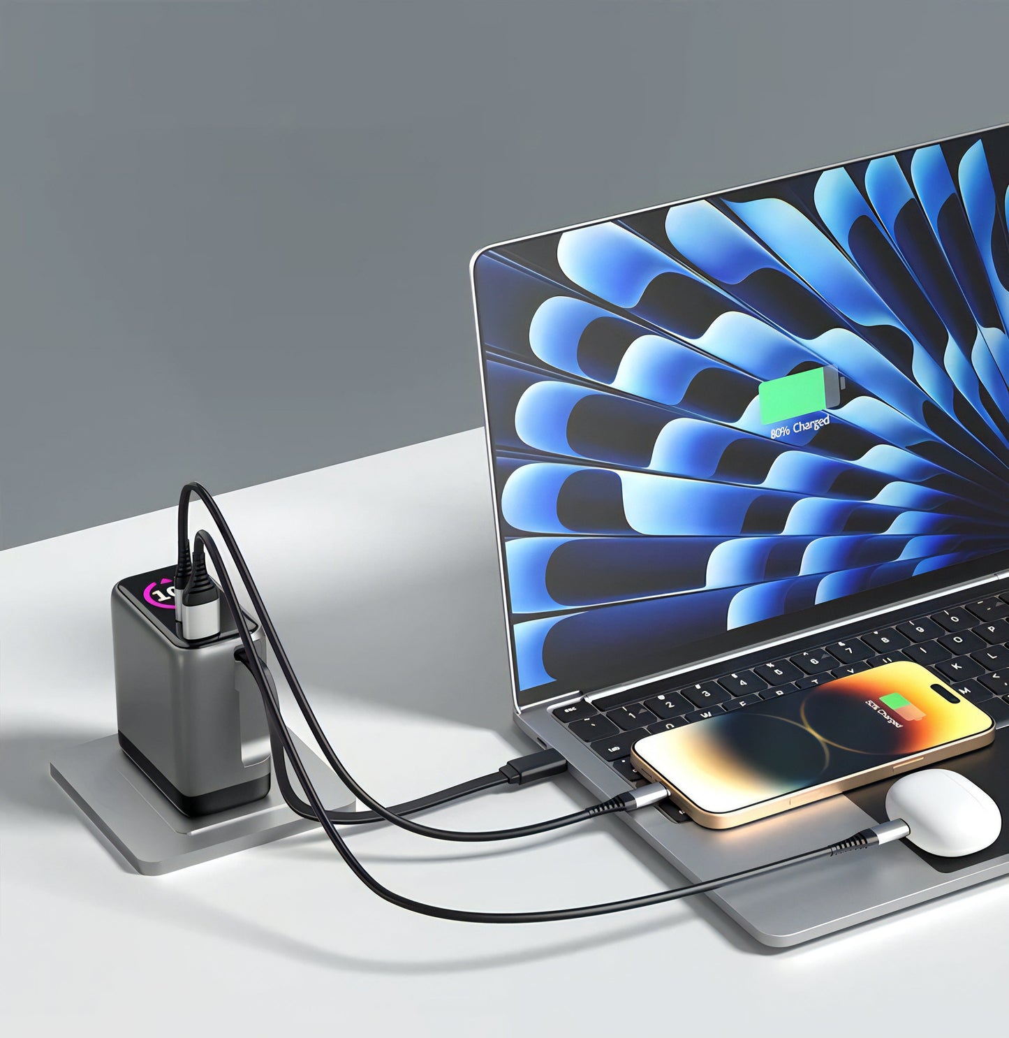 iEngage 100W AI PD Charger( USB-C+USB-C Cable+ USB- A) W/Interchangeable UK/EU Plug