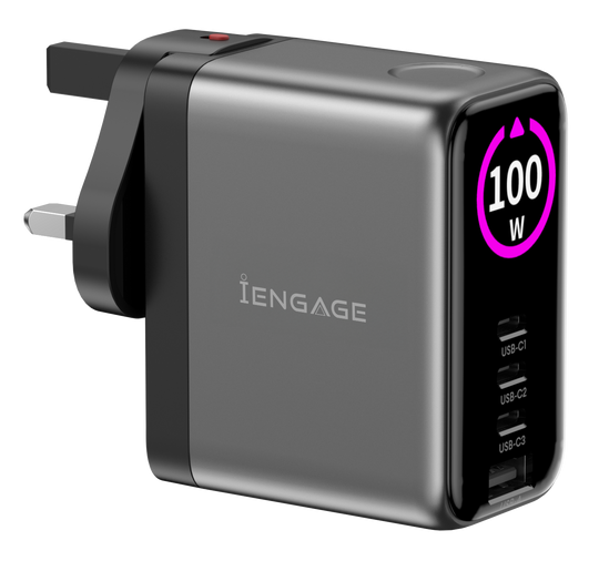iEngage 100W TFT PD Charger (Triple USB-C + USB -A) W/Interchangeable UK/EU Plug