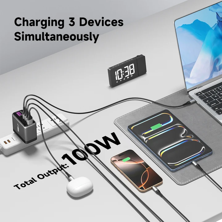 iEngage 100W TFT PD Charger (Triple USB-C + USB -A) W/Interchangeable UK/EU Plug