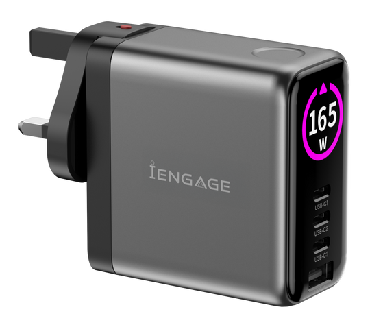 iEngage 165W TFT PD Charger (Triple USB -C + USB-A) W/ Interchangeable UK/EU Plug