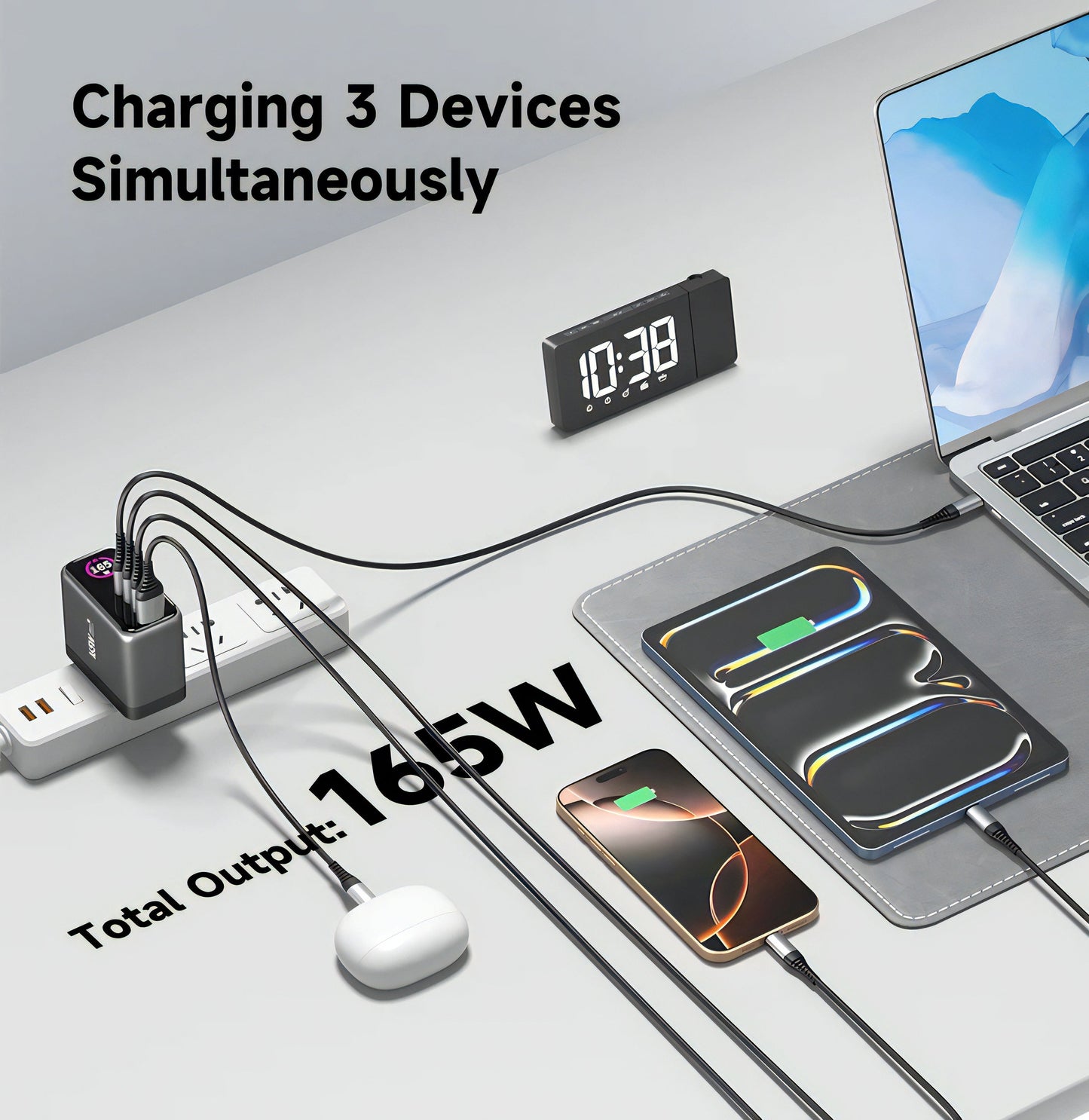 iEngage 165W TFT PD Charger (Triple USB -C + USB-A) W/ Interchangeable UK/EU Plug