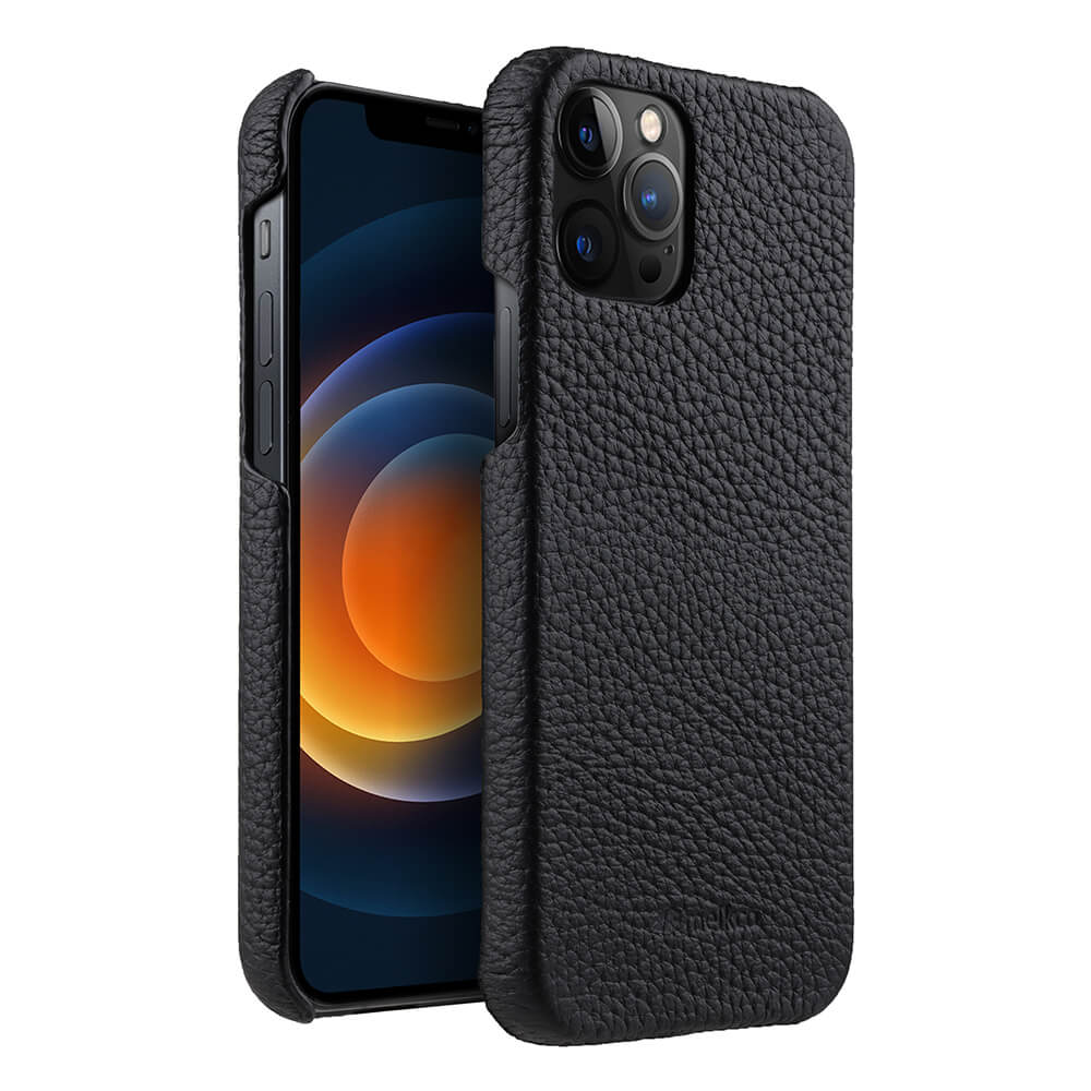 Melkco Back Snap Series Lai Chee Pattern Premium Leather Snap Cover Case - Apple iPhone 12/12 Pro / Black Accessories >