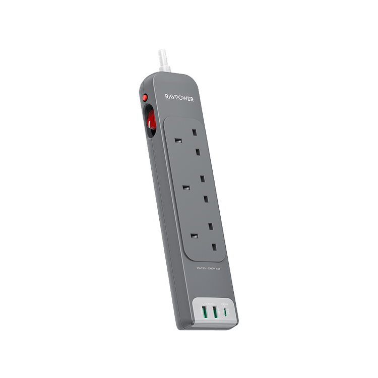 مشترك كهربائي متعدد المنافذ راف باور بمنفذ USB-C ومنفذي USB-A وتقنية PD30 و3 مقابس تيار متردد مع كابل بطول 3 أمتار