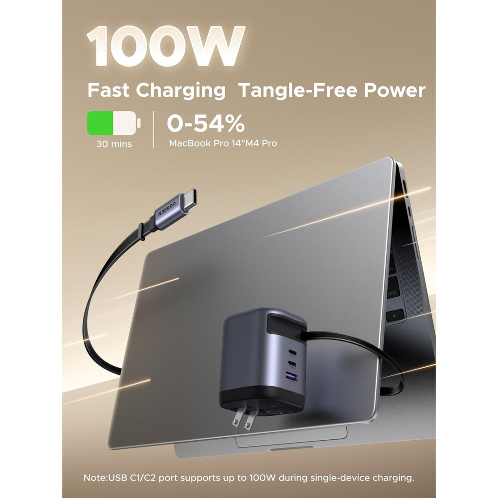 UGREEN GaN Fast Charger with Retractable Cable 3-port - 100W / Space Gray