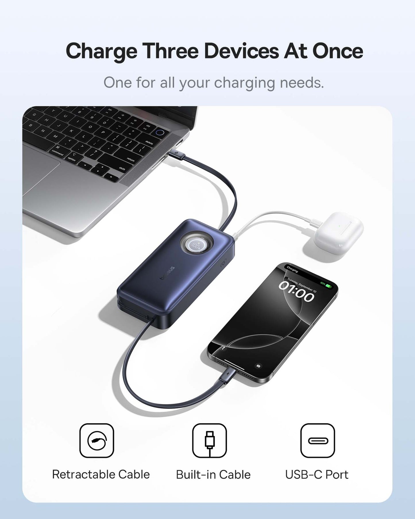 Baseus EnerCore CR11 Power Bank with Retractable Cable - 20000mAh / 100W / Cosmic Black
