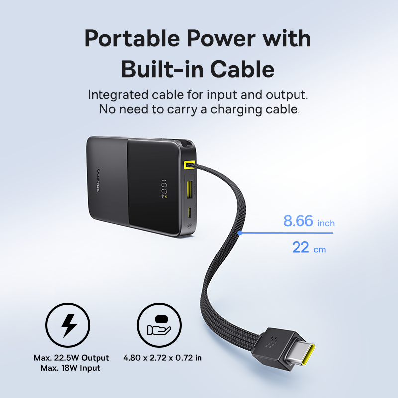 Baseus EnerFill FC51 Bipow2 Pro Digital Display Power Bank with Built-in Cable - 10000mAh / 22.5W / Cosmic Black
