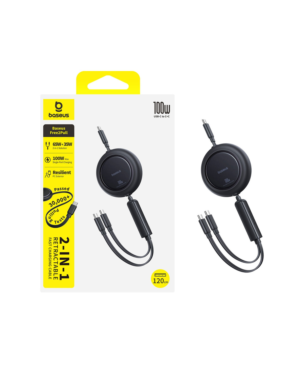 Baseus Free2Pull Mini 2-in-1 Retractable Fast charging Cable - USB-C / 100W / 1.2 Meter / Cosmic Black