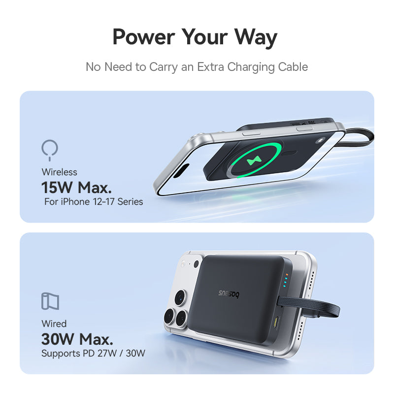 Baseus EnerFill FM11 Magnetic Wirless 15W Power Bank with Built-in USB-C Cable - 10000mAh / 30W /USB-C /  Cosmic Black