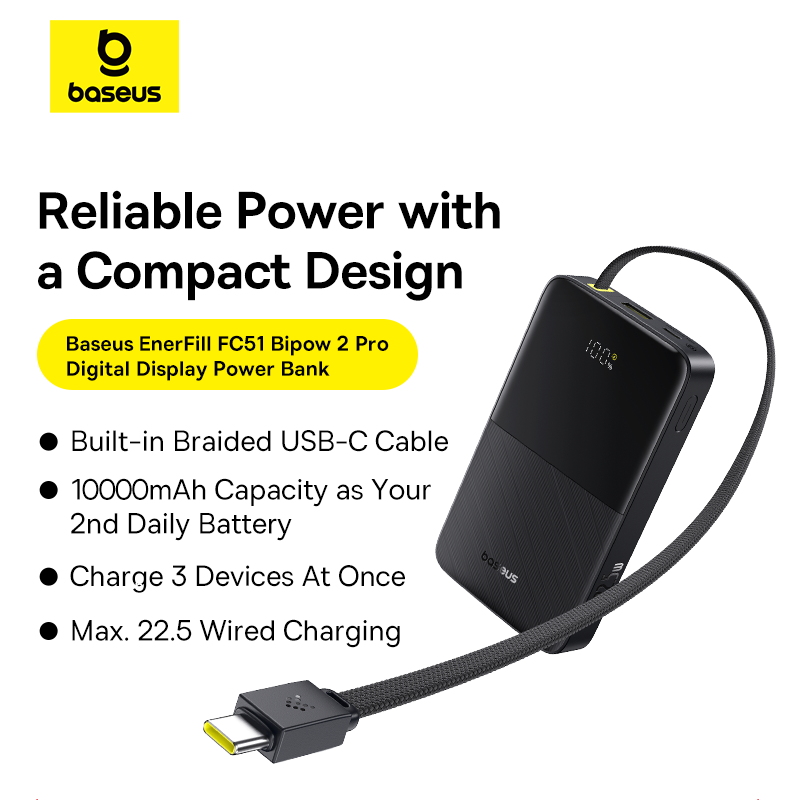 Baseus EnerFill FC51 Bipow2 Pro Digital Display Power Bank with Built-in Cable - 10000mAh / 22.5W / Cosmic Black