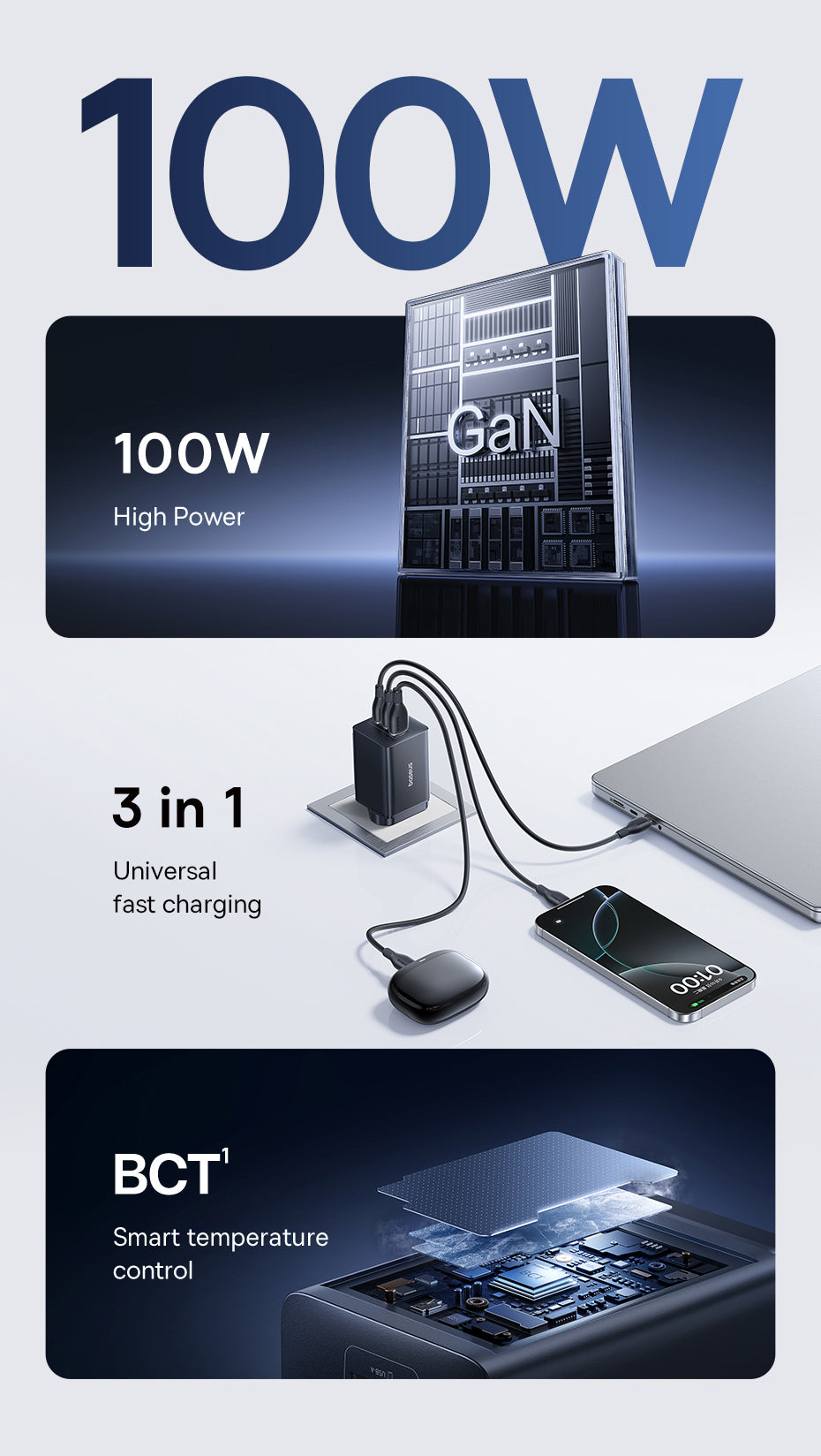 Baseus EnerFill FE11 Fast Charger - 100W / USB-C / USB-A / Cosmic Black