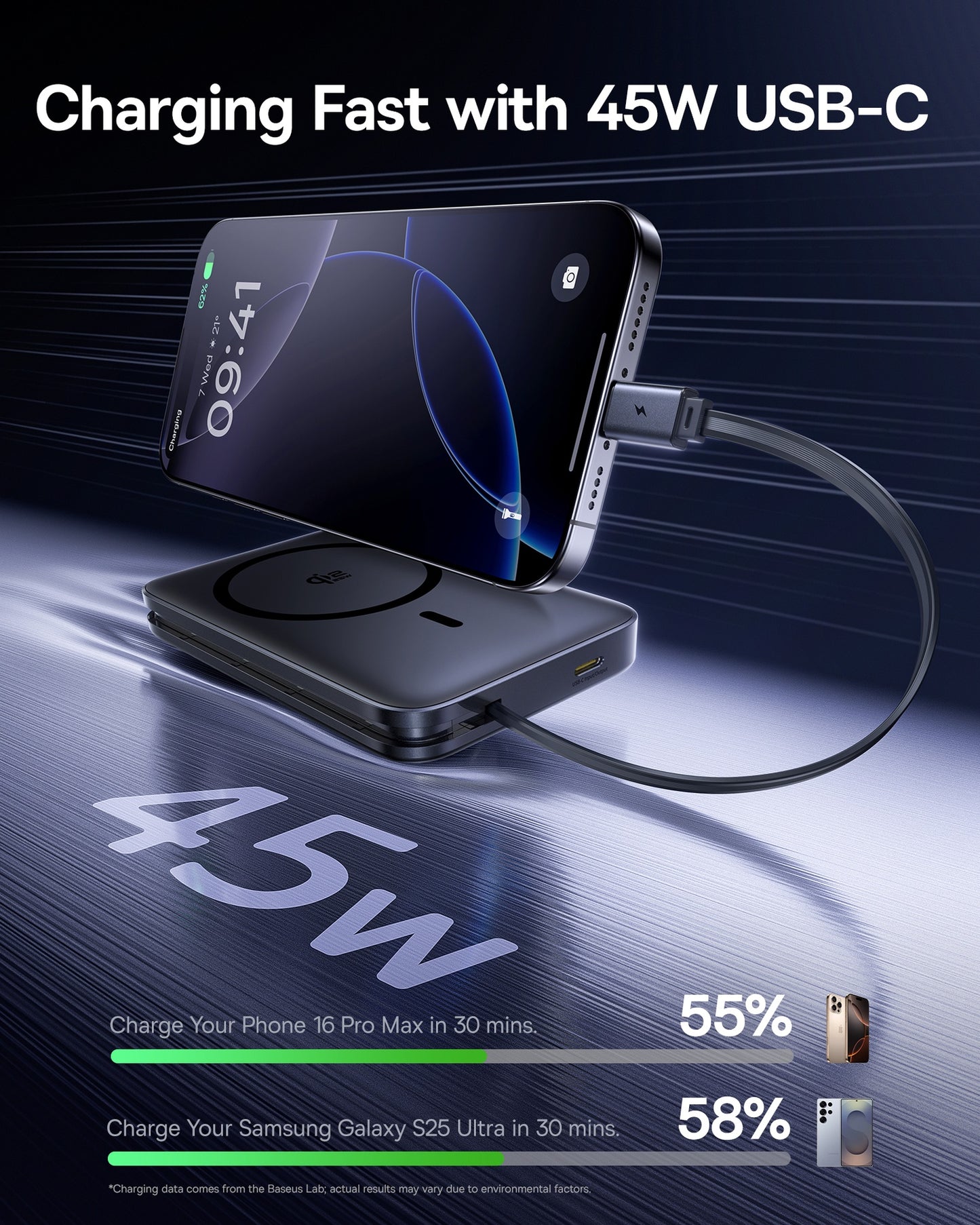 Baseus PicoGo AM61 Qi2.2 Magnetic Power Bank with Built-in Cable - 10000mAh / 45W / USB-C / Cosmic Black