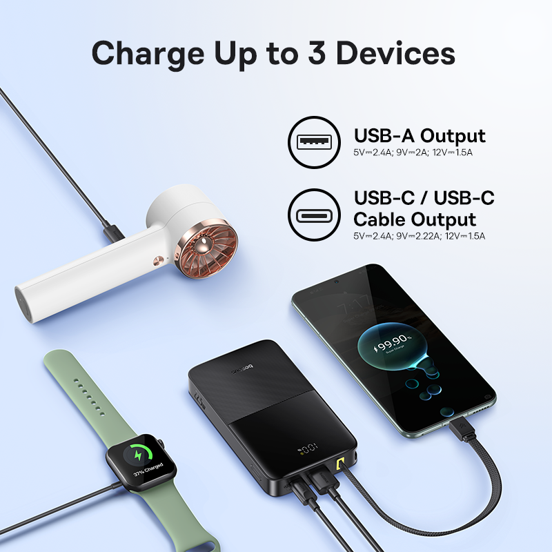 Baseus EnerFill FC51 Bipow2 Pro Digital Display Power Bank with Built-in Cable - 10000mAh / 22.5W / Cosmic Black