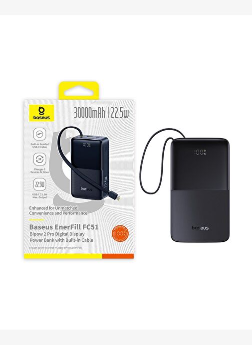 Baseus EnerFill FC51 Bipow2 Pro Digital Display Power Bank with Built-in Cable - 30000mAh / 22.5W / Cosmic Black