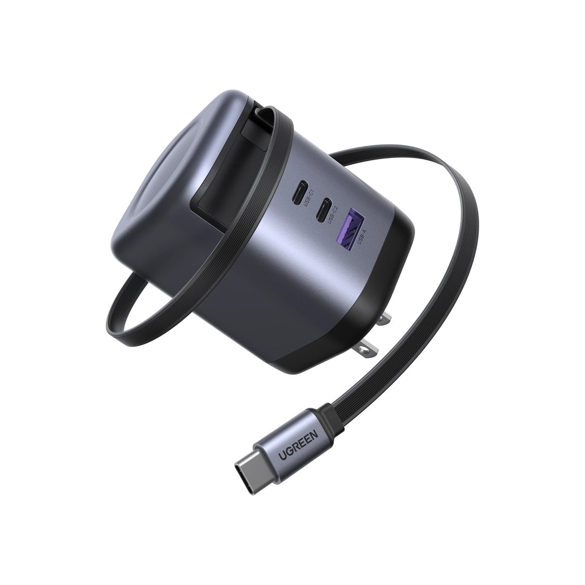 UGREEN GaN Fast Charger with Retractable Cable 3-port - 100W / Space Gray