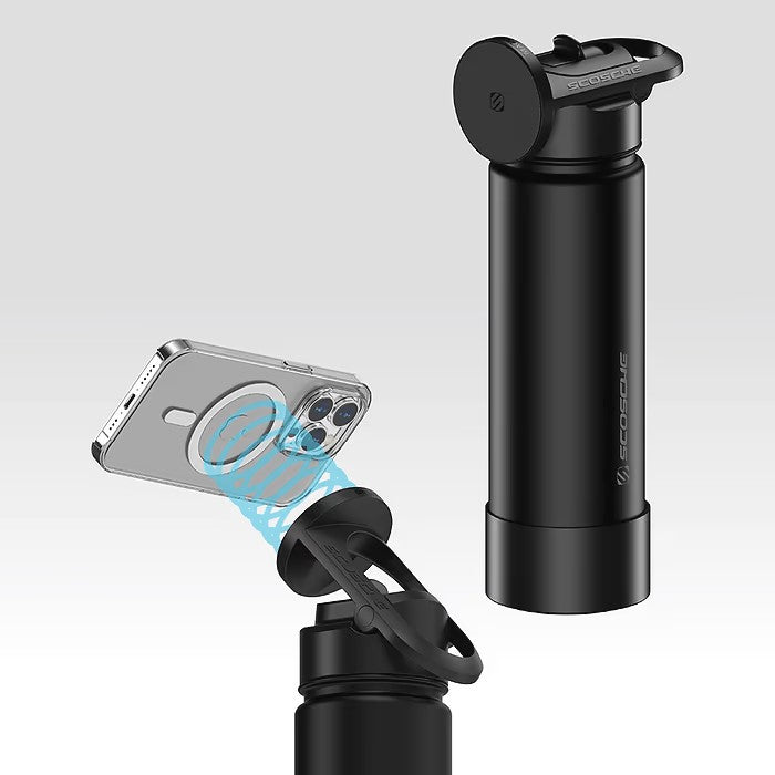 Scosche MagicMount Flask 22oz (650 ml) Stainless Steel Insulated Water Bottle with Magnetic Cell Phone Holder and Tripod Phone Mount Stand Compatible w/ MagSafe - Black
