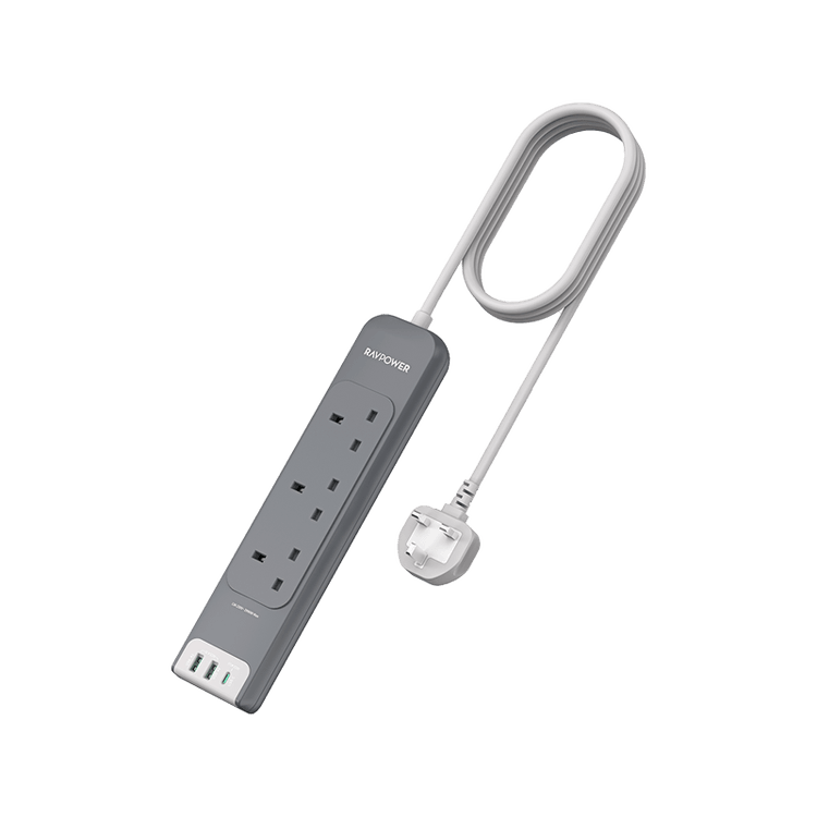 مشترك كهربائي متعدد المنافذ راف باور بمنفذ USB-C ومنفذي USB-A وتقنية PD30 و3 مقابس تيار متردد مع كابل بطول 3 أمتار