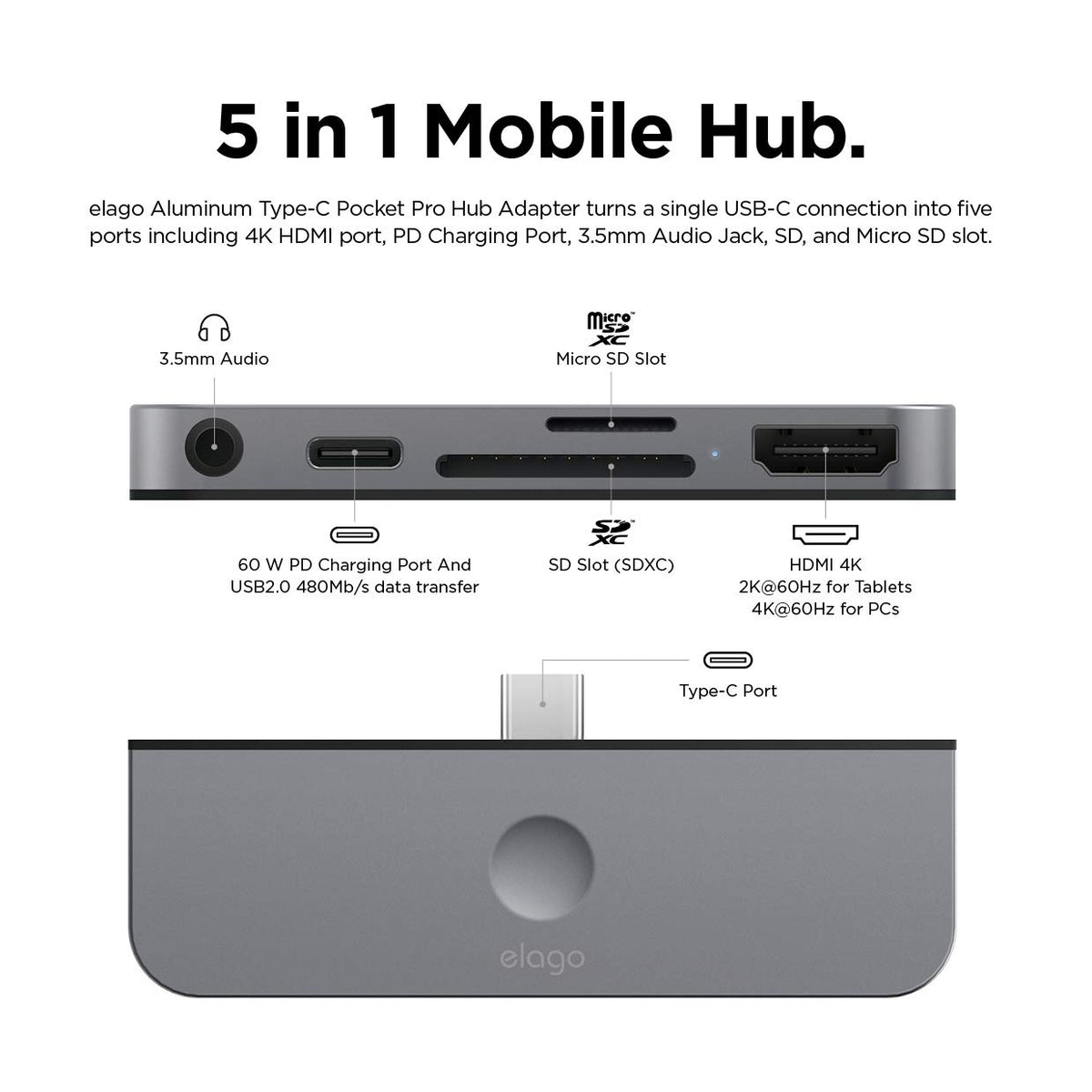 Elago Aluminum Type-C Pocket Pro Hub Adapter - Dark Gray