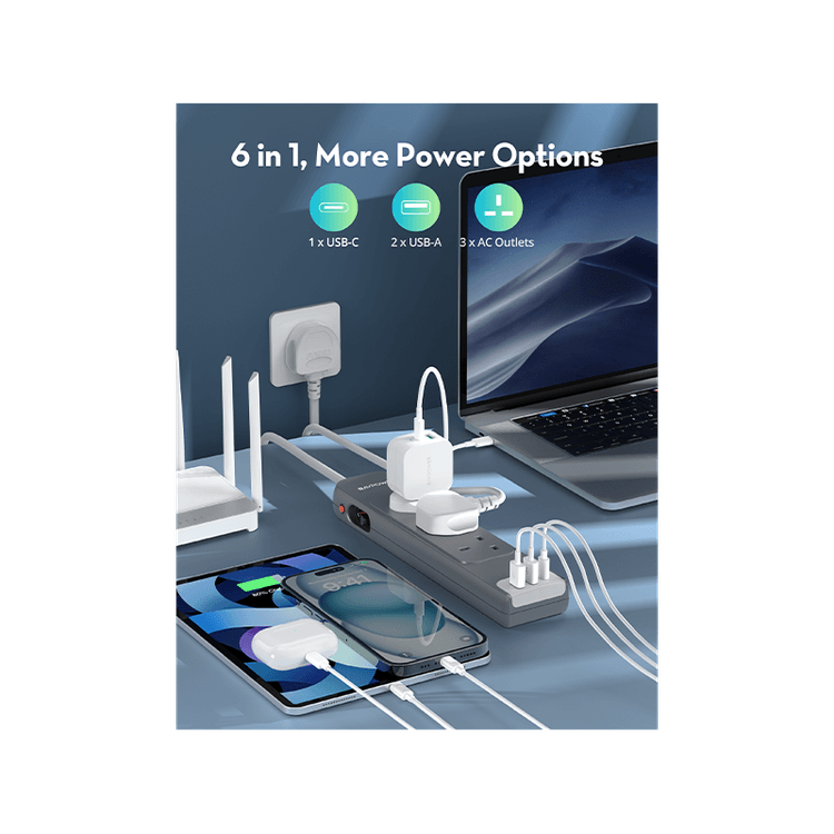 مشترك كهربائي متعدد المنافذ راف باور بمنفذ USB-C ومنفذي USB-A وتقنية PD30 و3 مقابس تيار متردد مع كابل بطول 3 أمتار