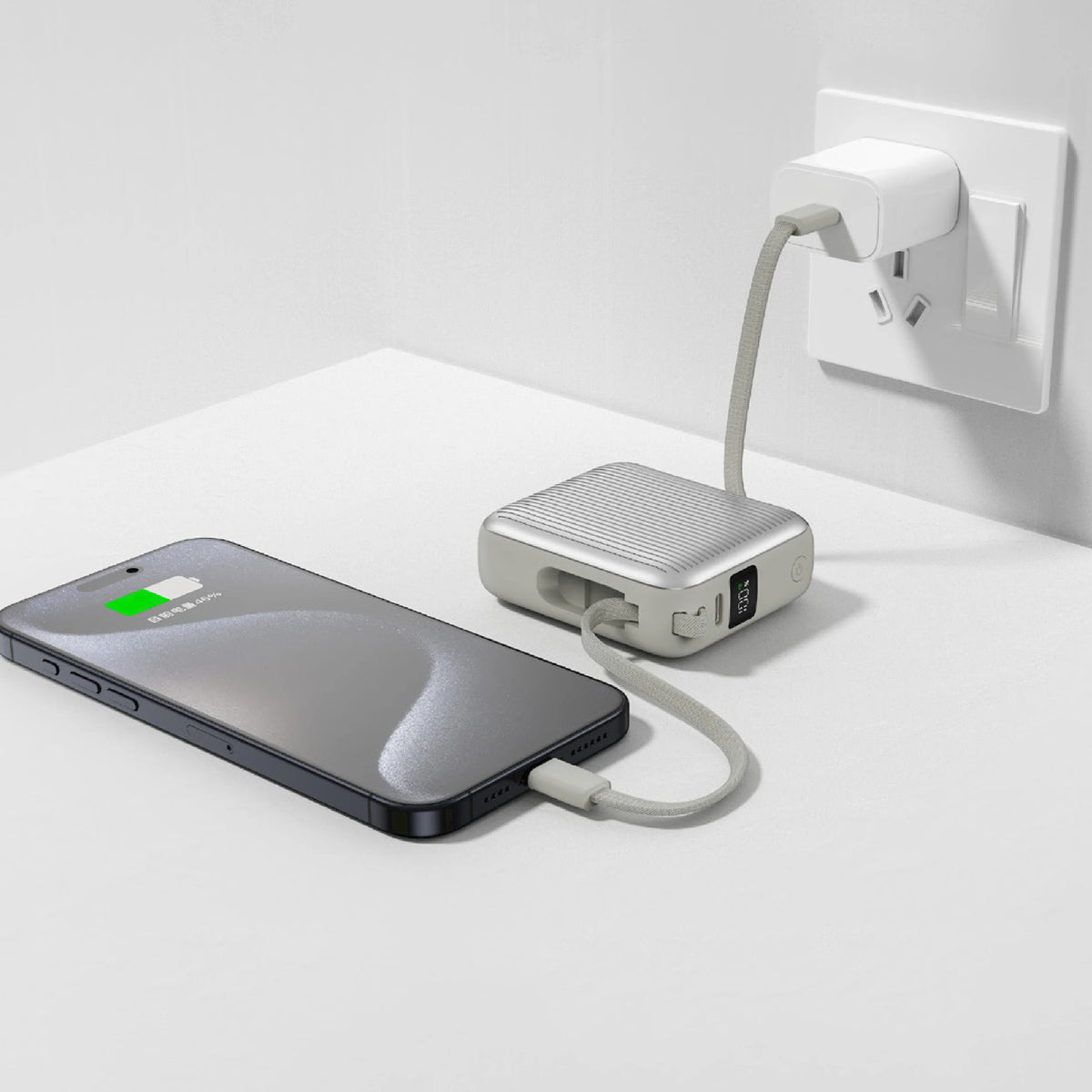 Lzel Mini Neurode Sync Power Bank with Built-in-Cable - 10000mAh / 22.5W / USB-A / USB-C / Silver