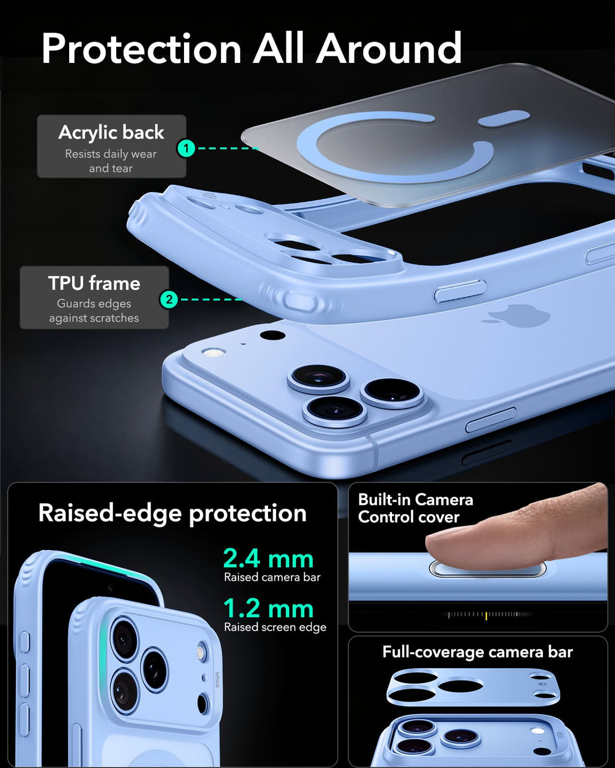 ESR Classic Hybrid Magnetic Case (Camera Control) For Apple iPhone 18 Pro/Apple iPhone 17 Pro - Frosted Light Blue