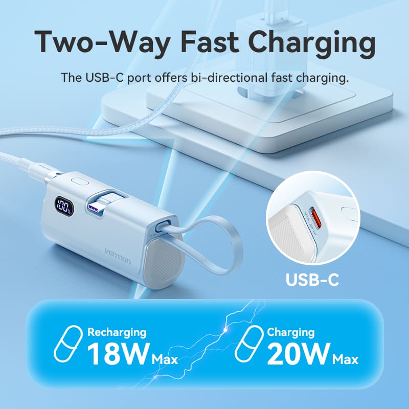 Vention Power Bank LED Display 4800mAh (USB-C + Lightning + USB-C) 22.5W Foldable USB-C Type - Blue