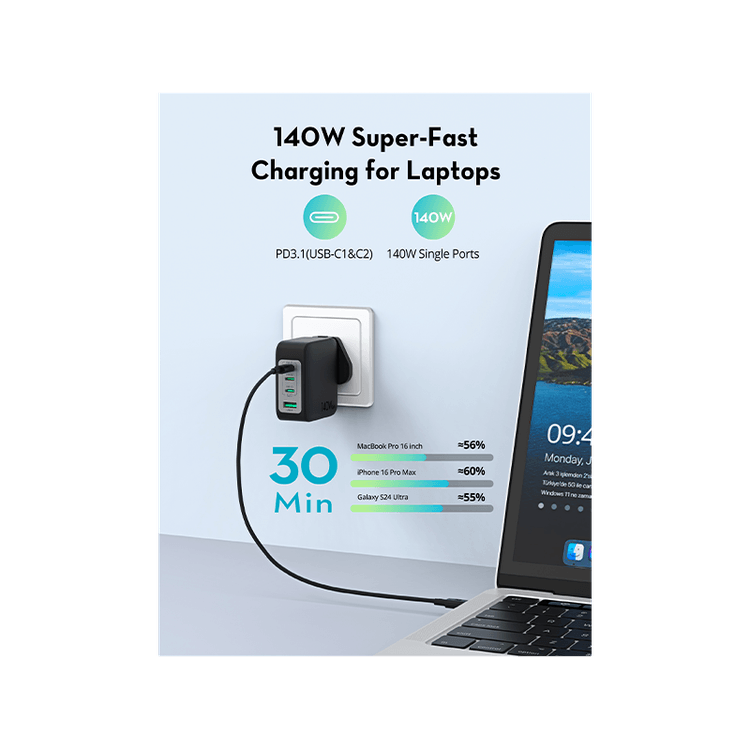 RavPower 3-Port USB-C and 1-Port USB-A PD140W Wall Charger - Black
