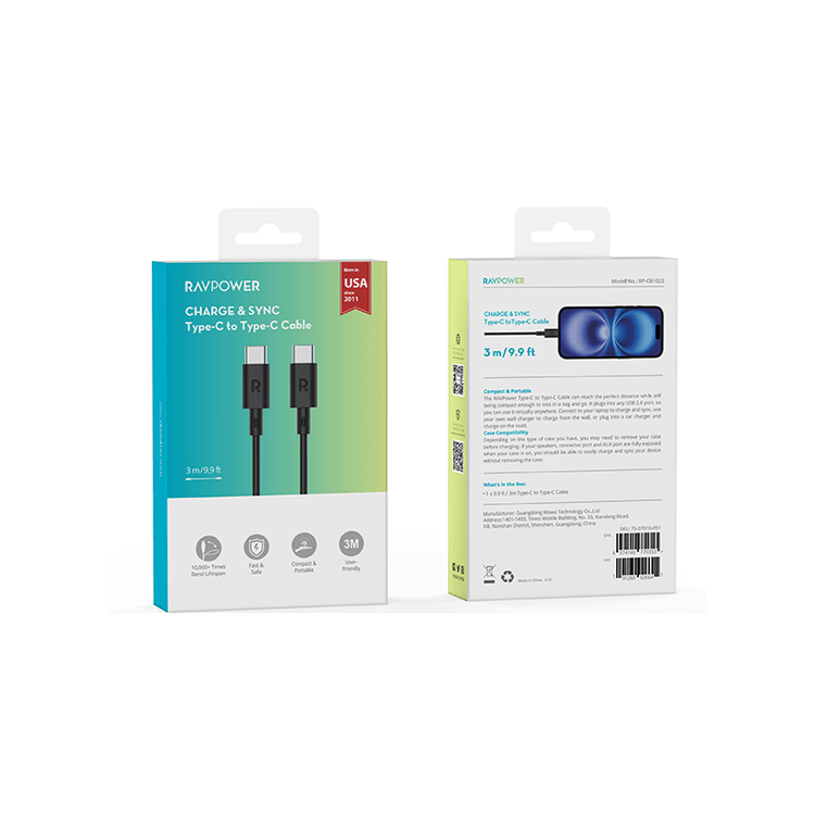 RavPower Cable 3m USB-C to USB-C - Black