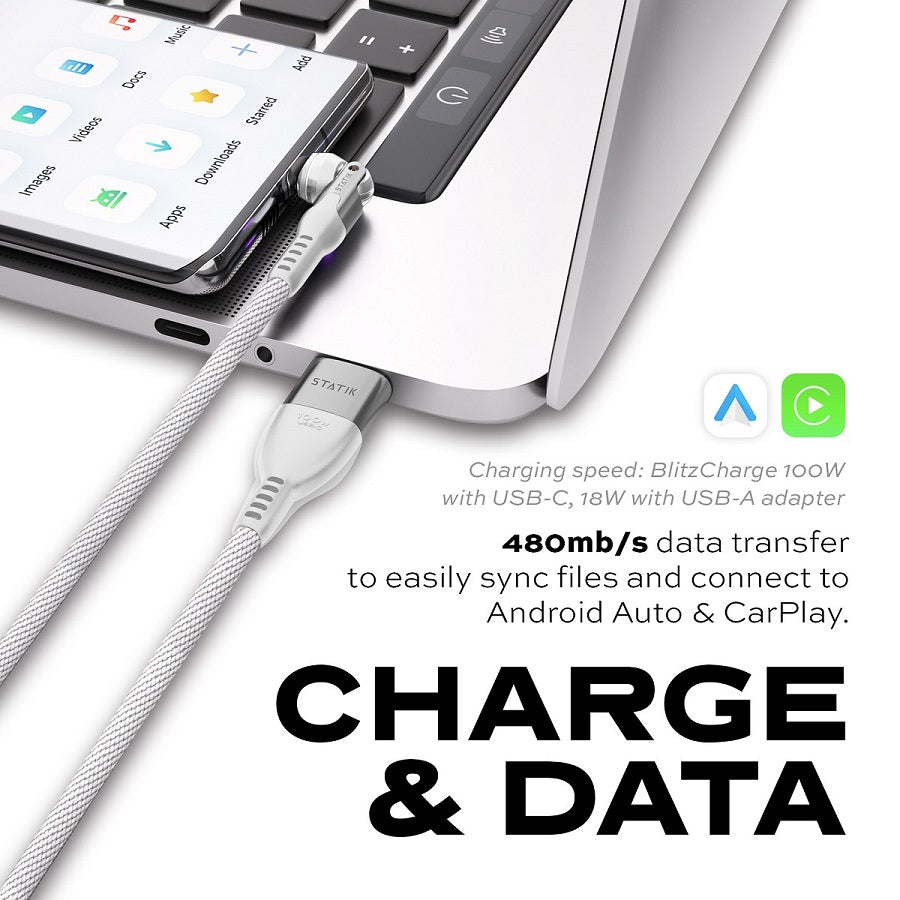 Statik PowerPivot Pro 100w Nylon Braided C-C Cable 3m - White
