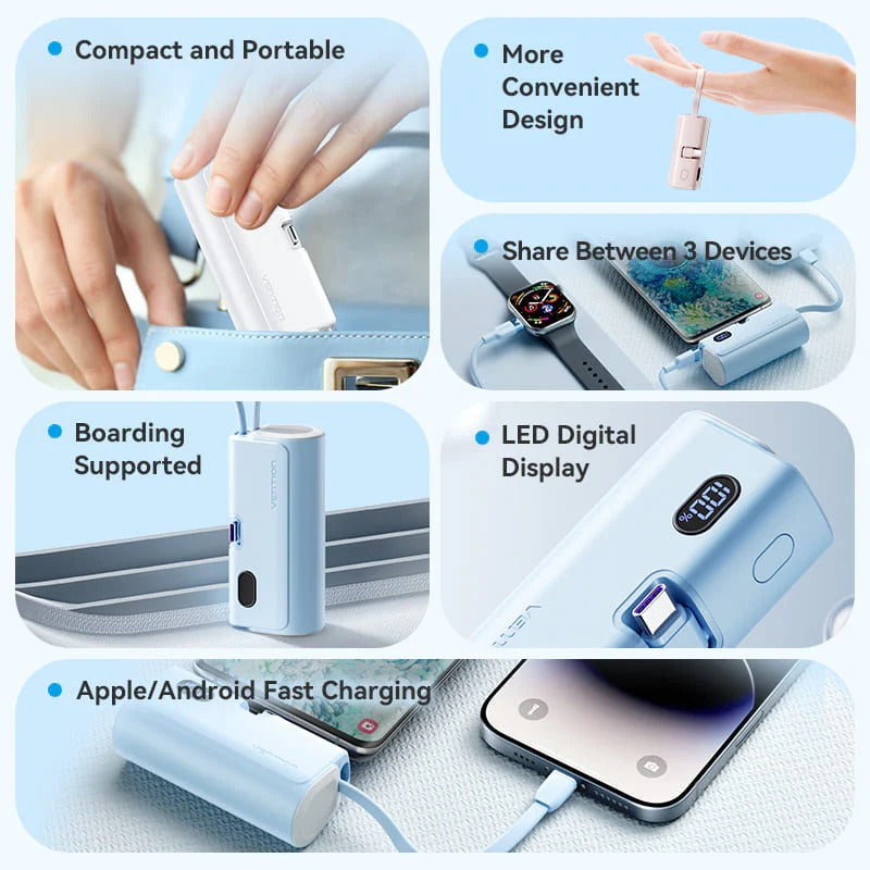 Vention Power Bank LED Display 4800mAh (USB-C + Lightning + USB-C) 22.5W Foldable USB-C Type - Blue