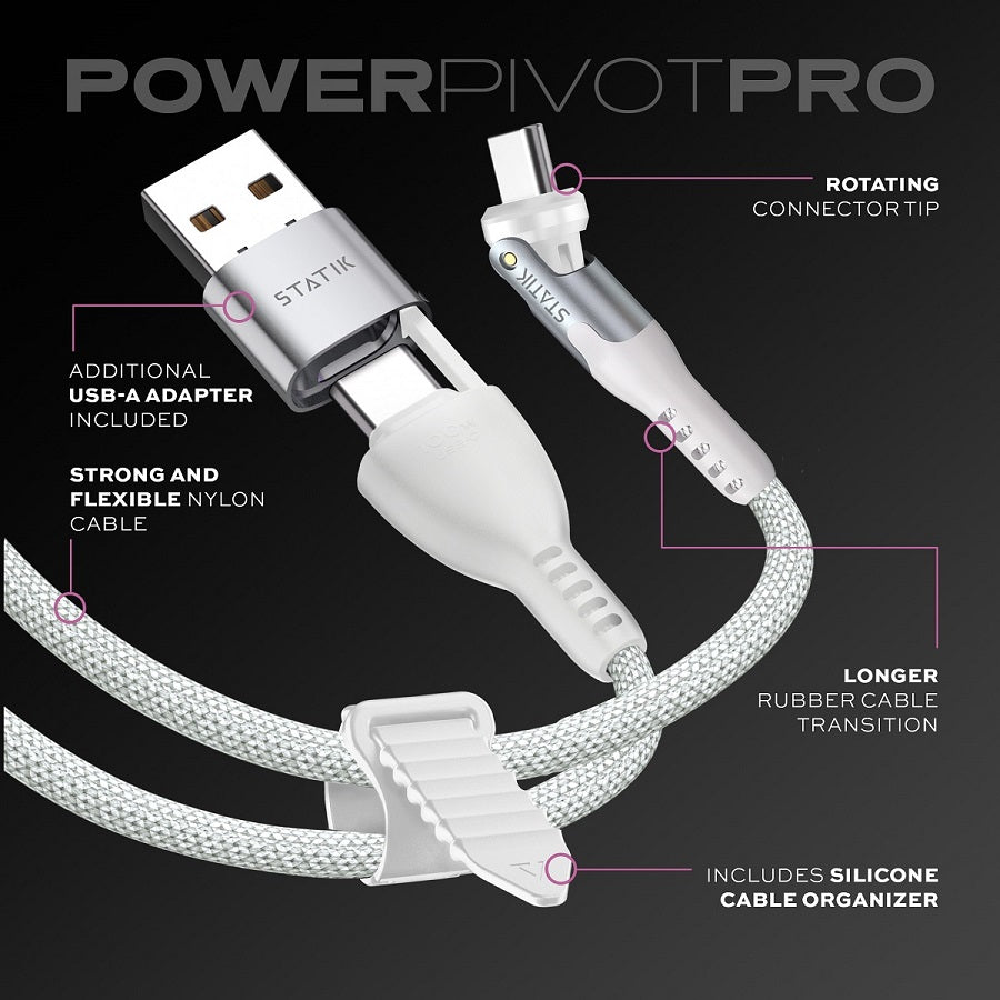 Statik PowerPivot Pro 100w Nylon Braided C-C Cable 3m - White