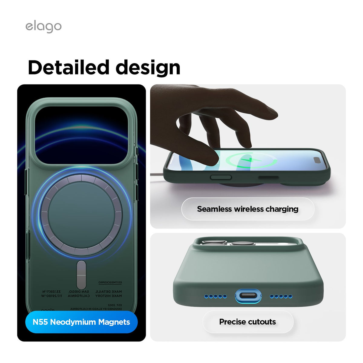 Elago Apple iPhone 18 Pro / Apple iPhone 17 Pro Magnetic Silicone Case (Camera Control Key Included) - Mindnight Green
