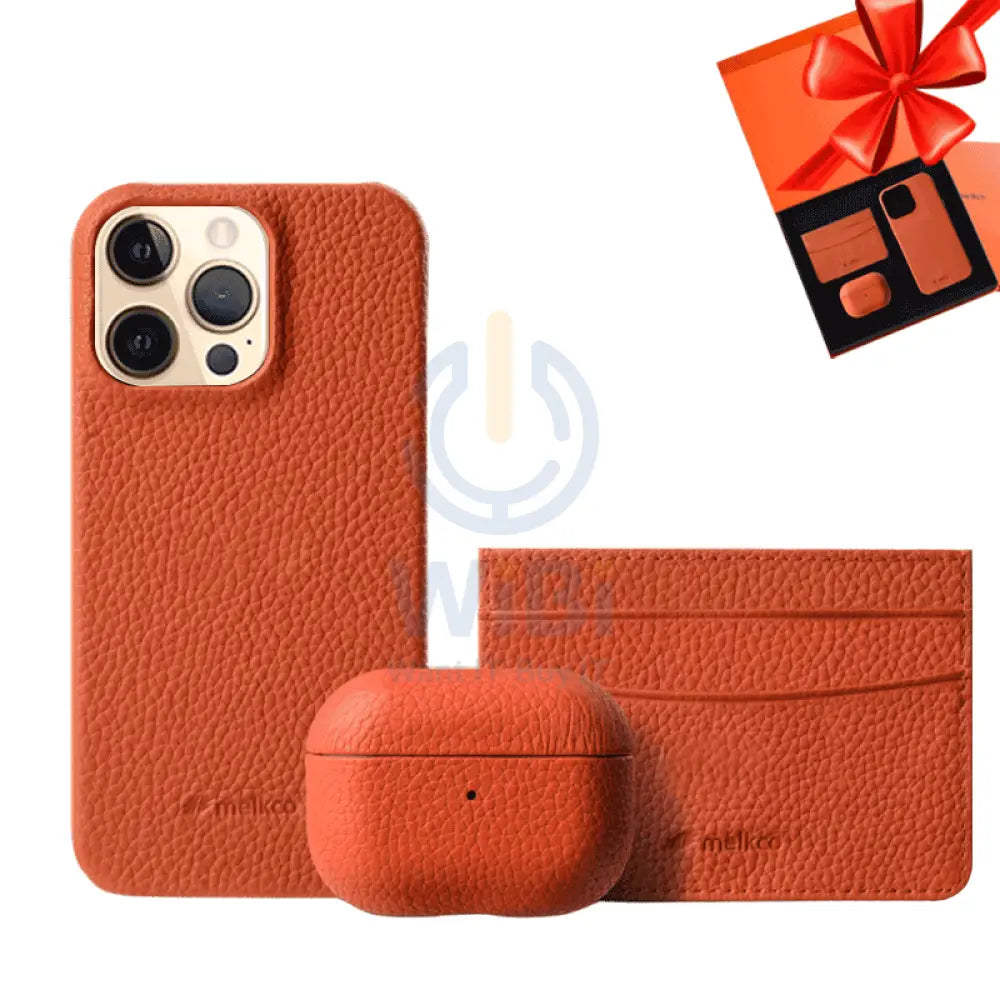 iPhone 12 & 12 Pro - Airpod 3 - Orange Leather Case Gift Set With Wallet Accessories > Mobiles & Tablets