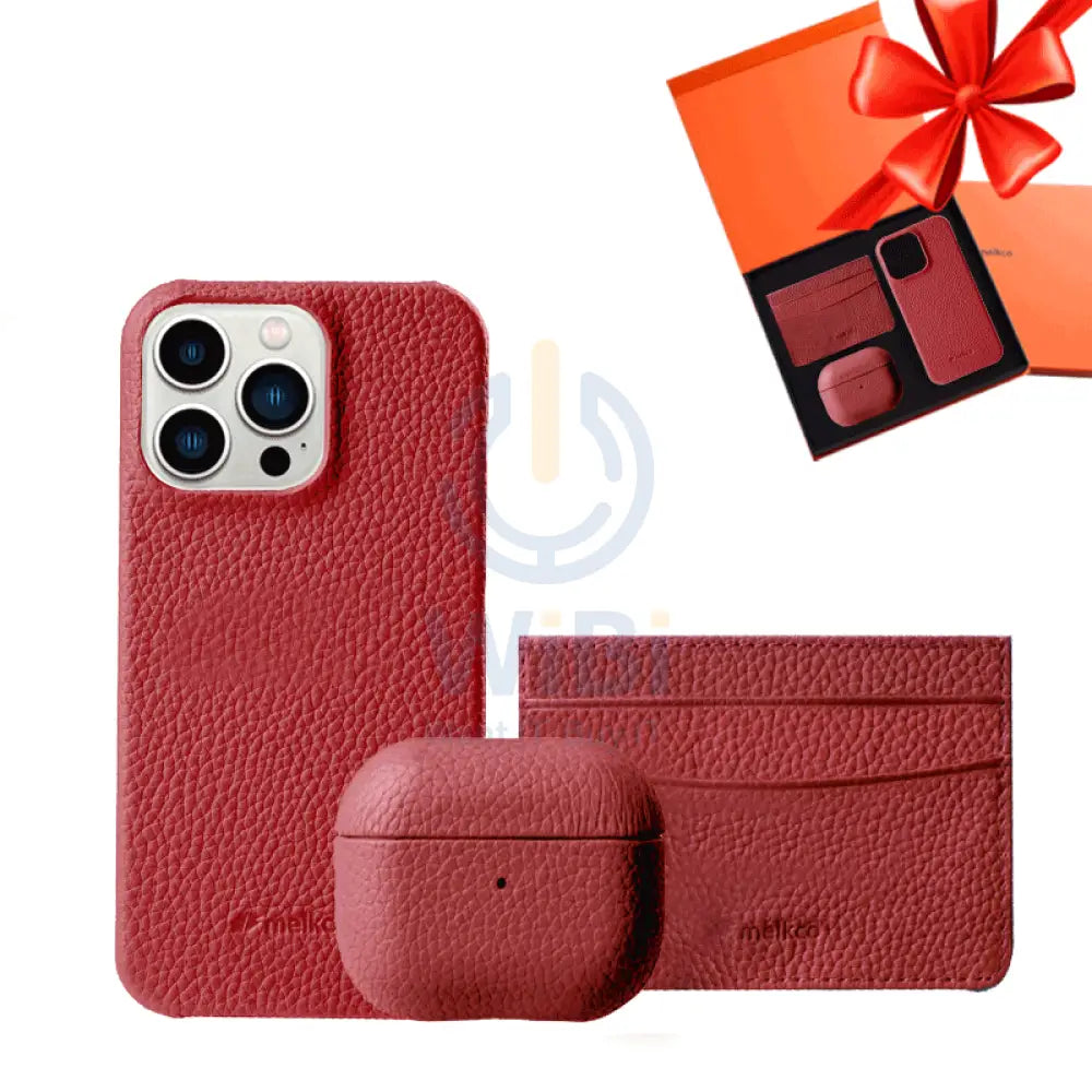 iPhone 13 Pro - Airpod Pro - Red Leather Case Gift Set With Wallet Accessories > Mobiles & Tablets