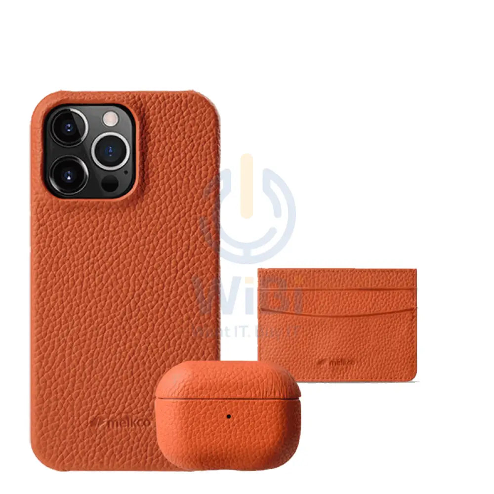iPhone 14 Pro - Airpod Pro 2 - Orange Leather Case Gift Set With Wallet Accessories > Mobiles & Tablets