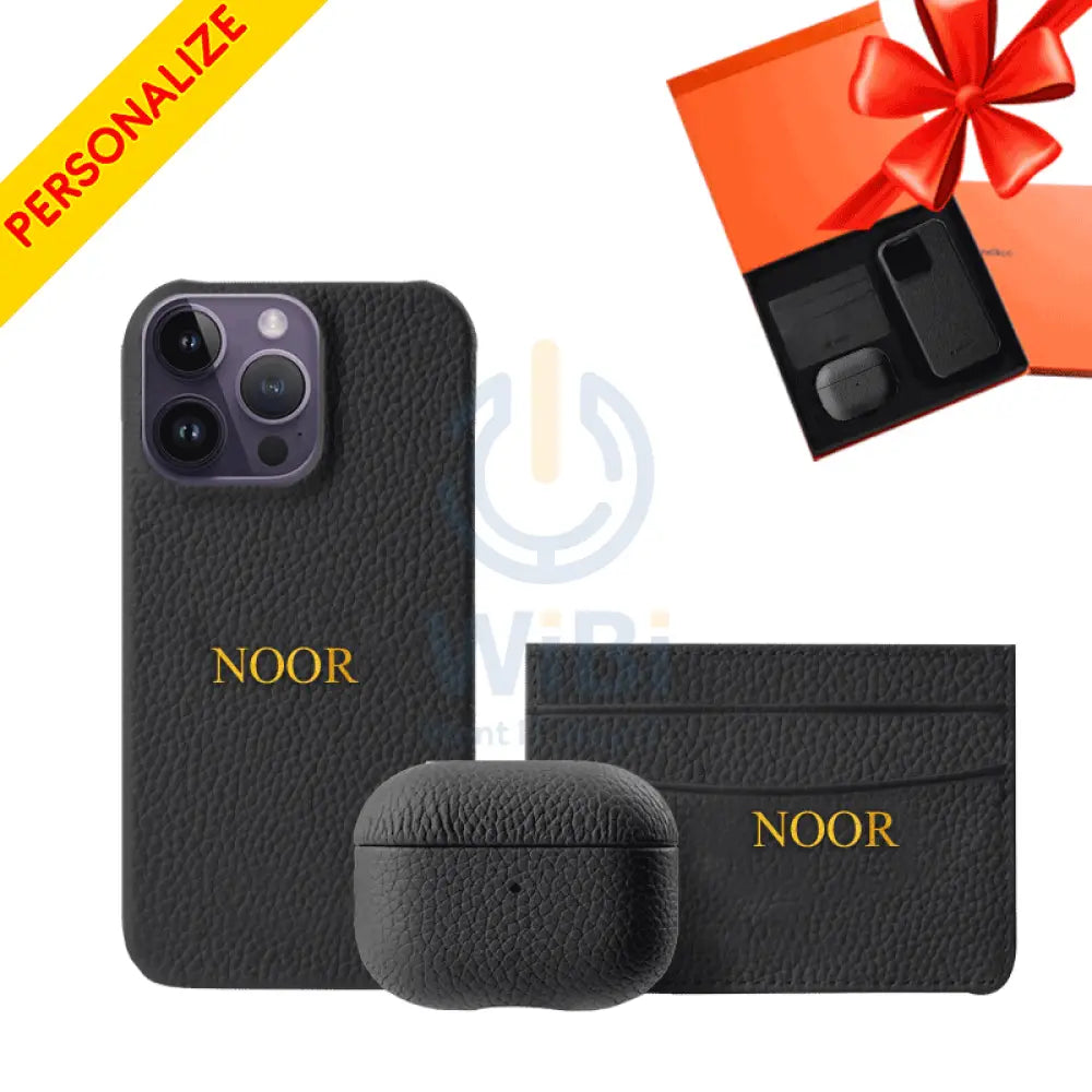 iPhone 14 Pro - Airpod Pro - Black Leather Case Gift Set With Wallet Accessories > Mobiles & Tablets