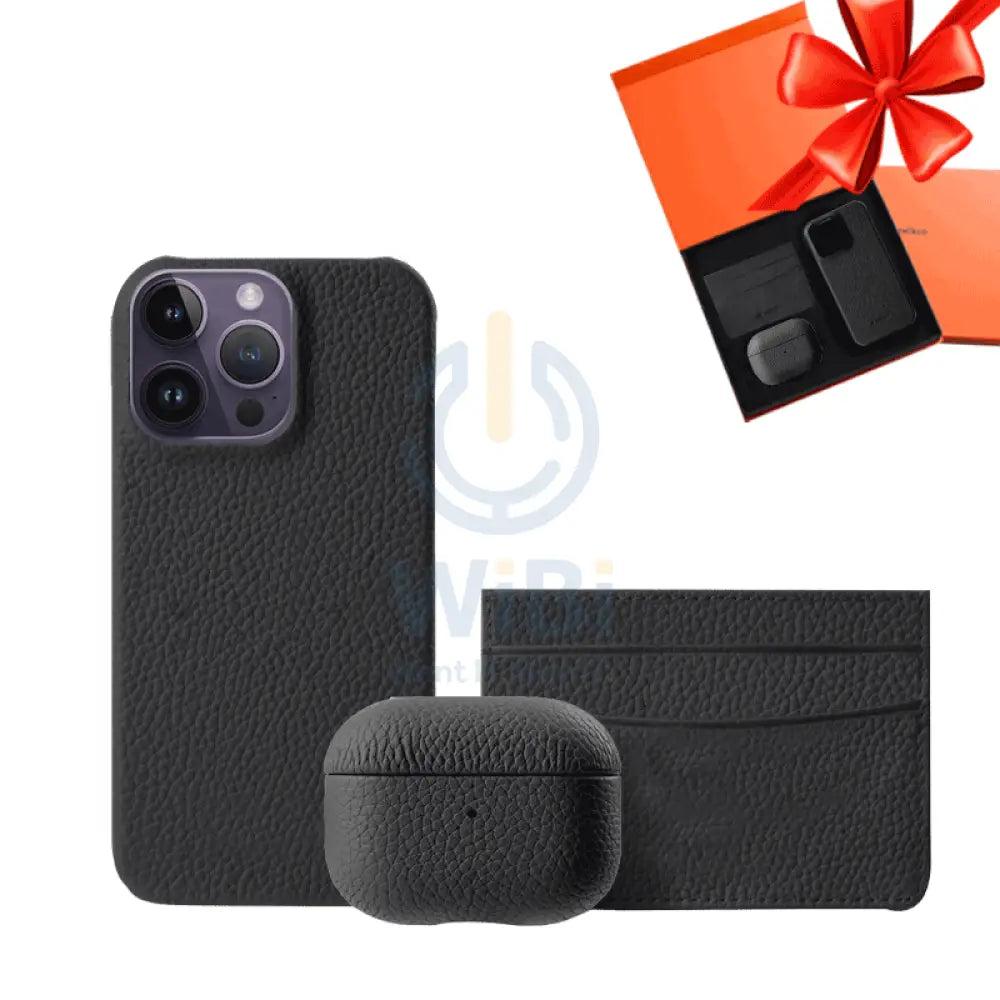 iPhone 14 Pro Max - Airpod 3 - Black Leather Case Gift Set With Wallet Accessories > Mobiles & Tablets