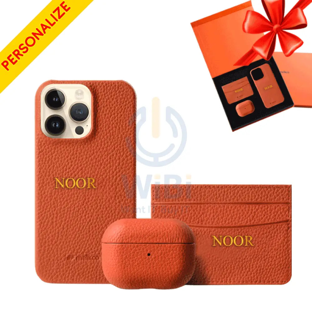 iPhone 14 Pro Max - Airpod Pro - Orange Leather Case Gift Set With Wallet Accessories > Mobiles & Tablets