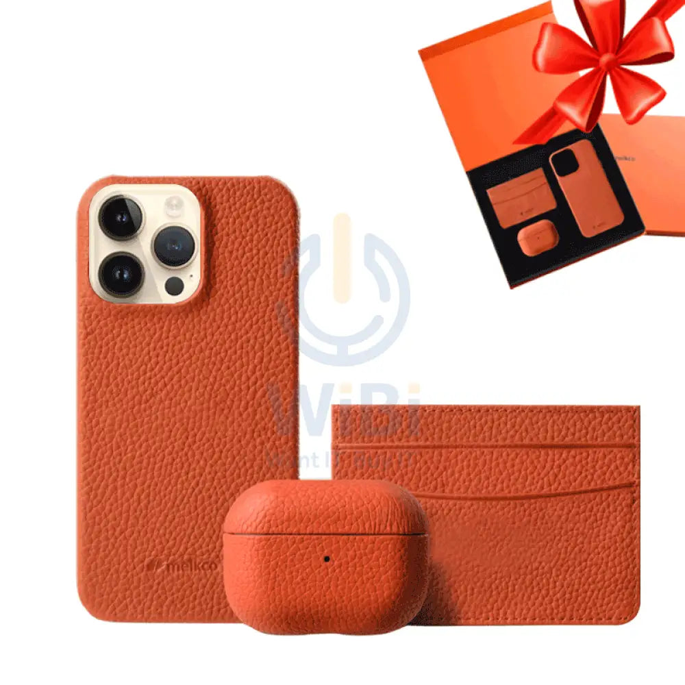 iPhone 14 Pro Max - Airpod Pro - Orange Leather Case Gift Set With Wallet Accessories > Mobiles & Tablets