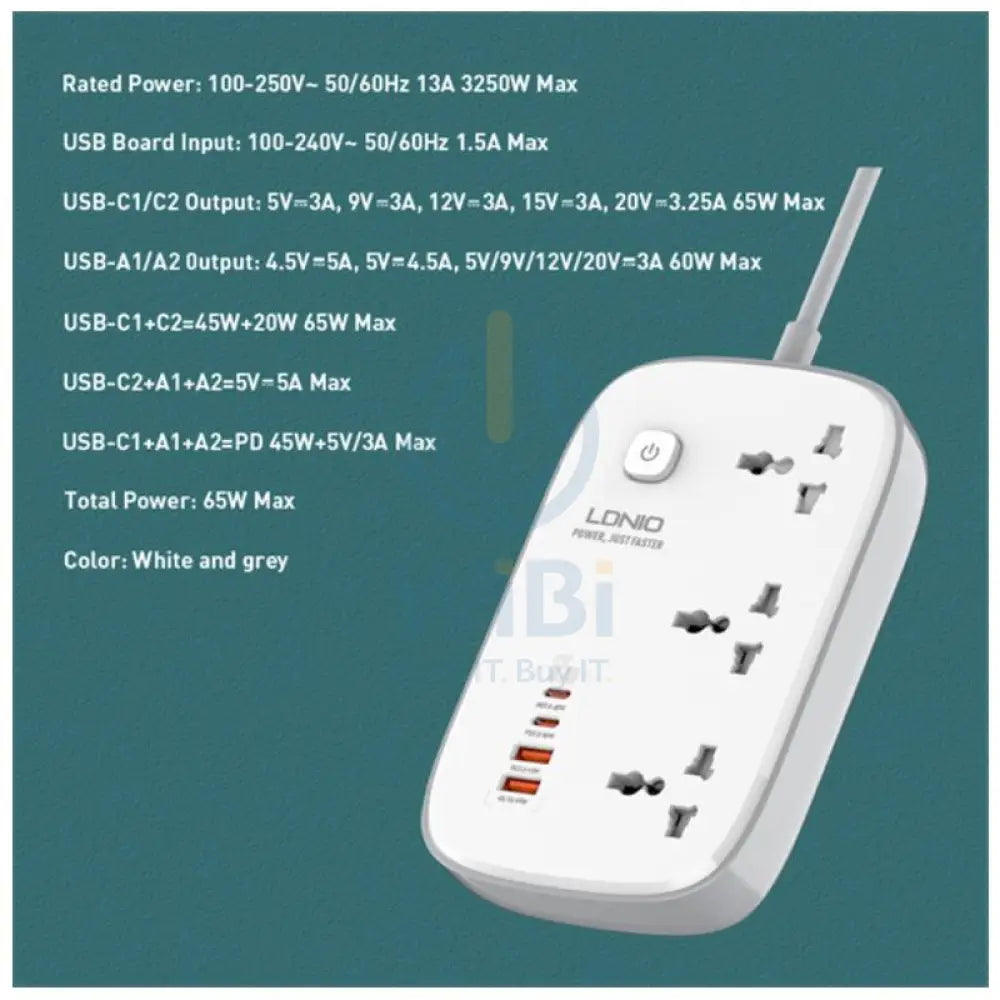 Ldnio 3 Extension Power Socket - 3 Way / USB-A / USB-C / White/Grey Accessories > Power > Power Protection > Surge