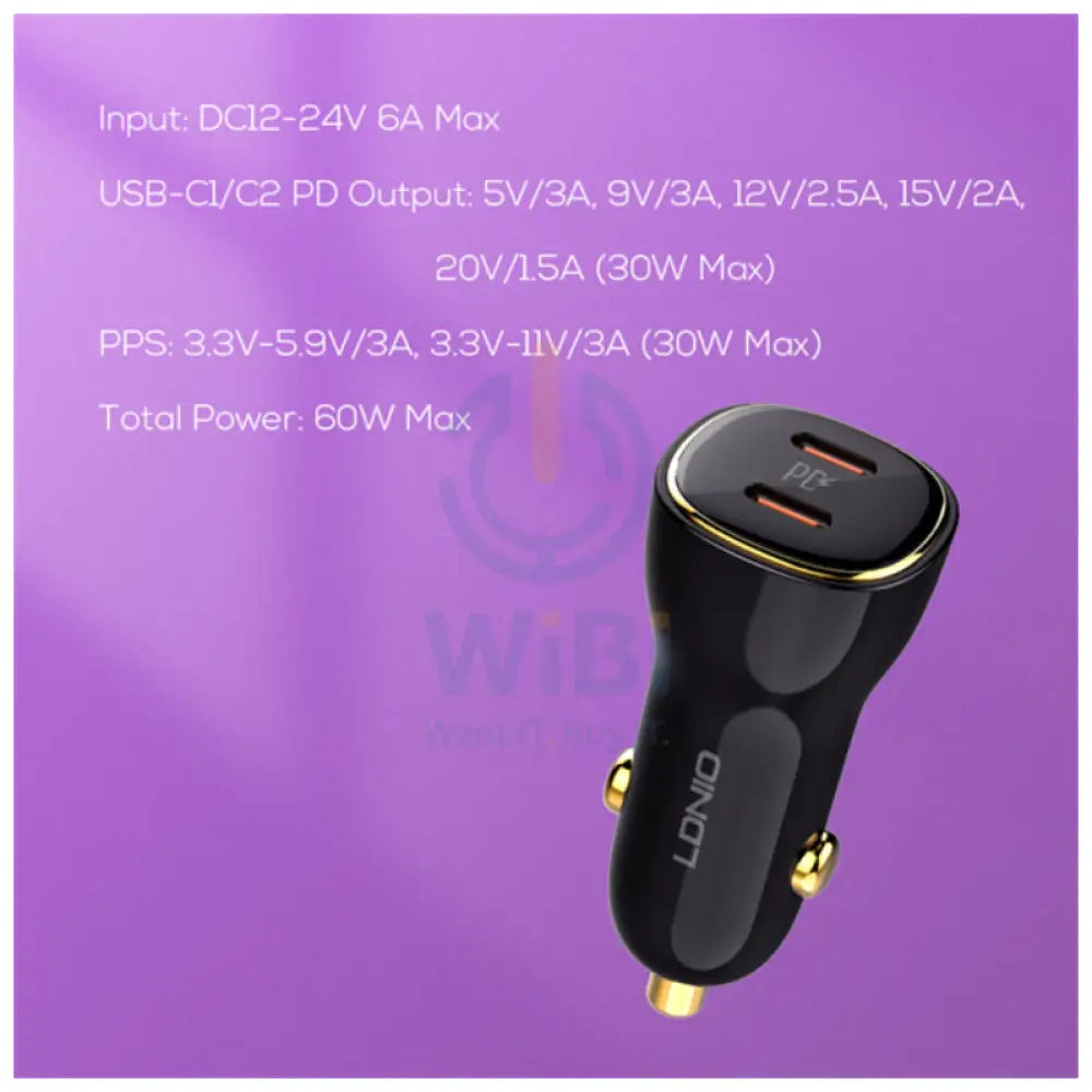 LDNIO C104 Dual PD Super Fast Car Charger - 60W / USB-C / Black Accessories > Mobiles & Tablets > Mobiles > Car Chargers