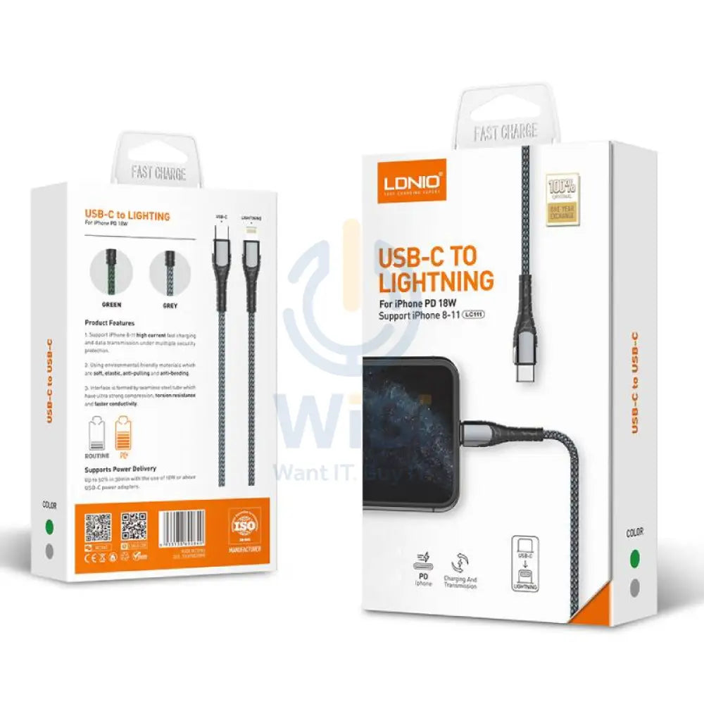 LDNIO LC112 Fast Charging Data Cable - 30W / 2 Meter / Type-C / Lightning / Grey Accessories > Cables & Converters >