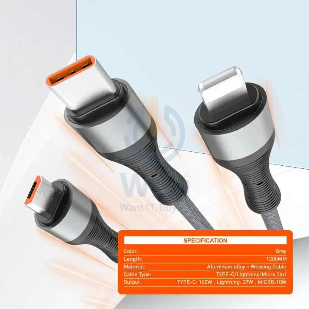 LDNIO LC94C 3-in-1 Fast Charging data Cable - 100W / 1.2 Meter / Type-C / Lightning / Micro USB / Grey Accessories >